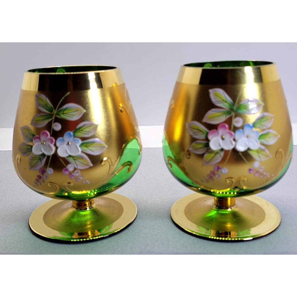 Vintage Goblets Czech Bohemian Emerald Green Gold‎ Hand Painted Floral Set of 2